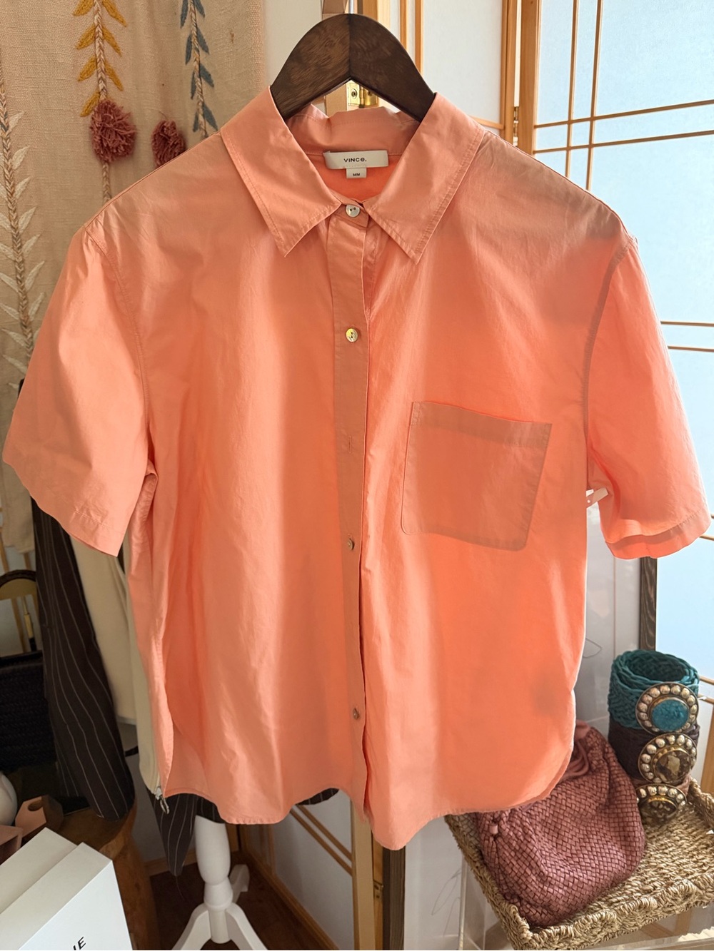 Vince 100% Cotton Short Sleeve Button Front Shirt Soft Coral Size M